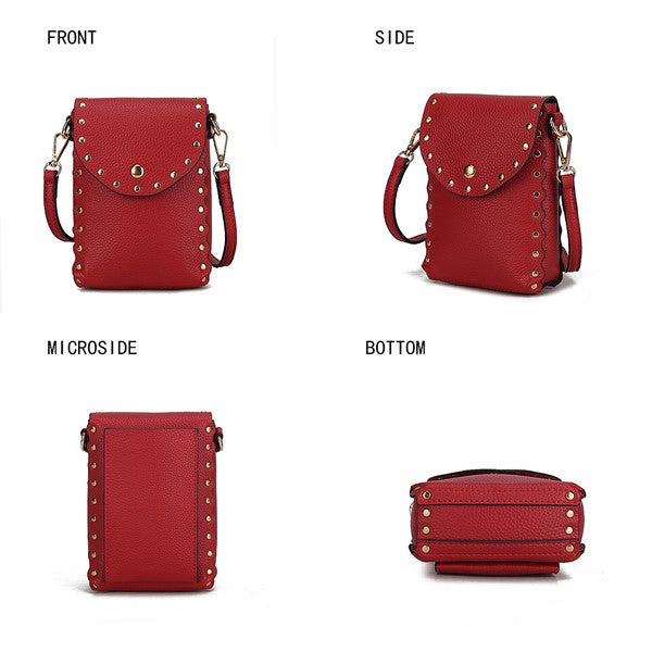 Infographic showing all Filomena crossbody bag views: front, side, back, and bottom.