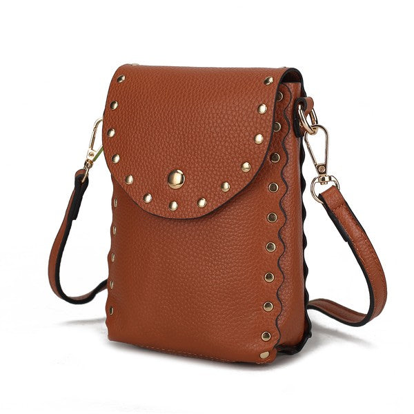 Front view of brown Filomena crossbody bag with gold hardware and scalloped edges.
