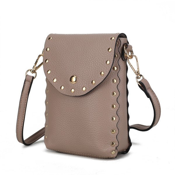 Front view of taupe Filomena crossbody bag with gold hardware and scalloped edges.