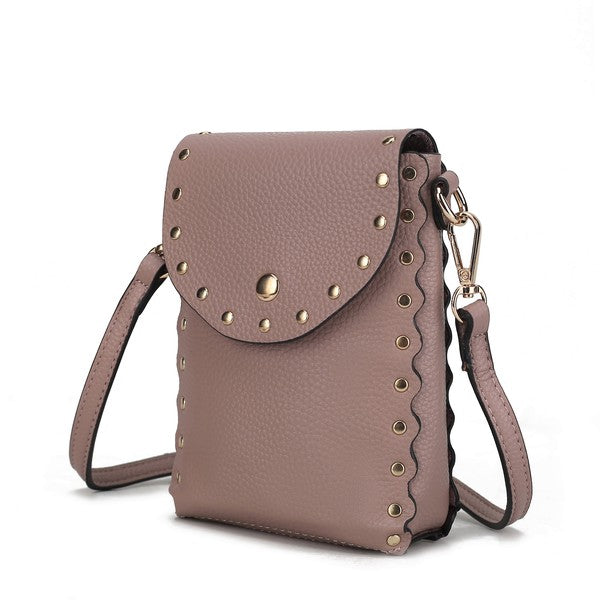 Front view of mauve Filomena crossbody bag with gold hardware and scalloped edges.