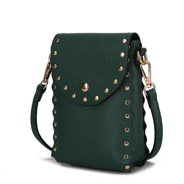 Front view of dark green Filomena crossbody bag with gold hardware and scalloped edges.