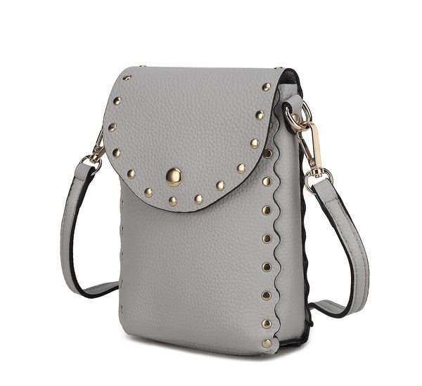 Front view of light gray Filomena crossbody bag with gold hardware and scalloped edges.