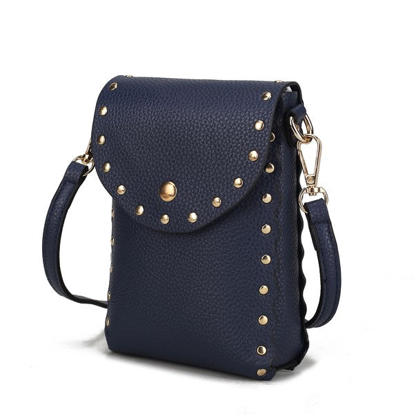 Front view of navy Filomena crossbody bag with gold hardware and scalloped edges.