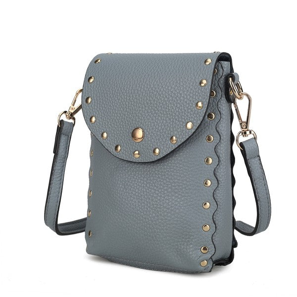 Front view of denim Filomena crossbody bag with gold hardware and scalloped edges.