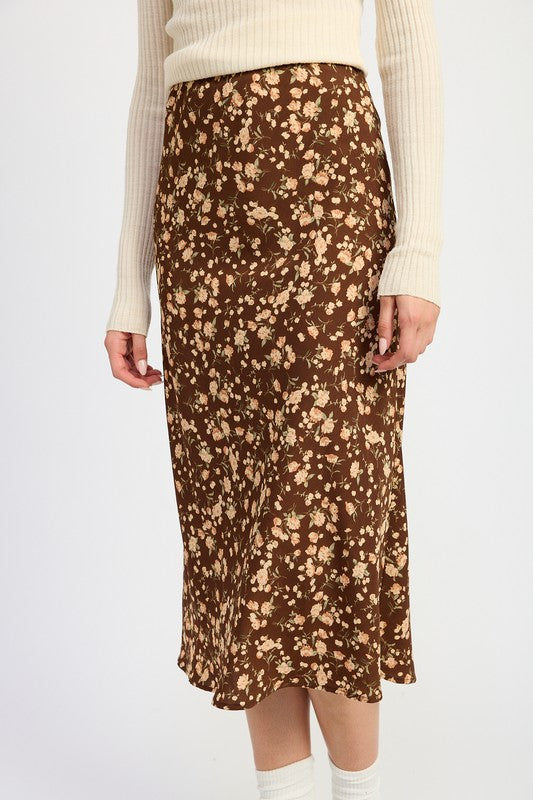 Daria Floral Midi Skirt bias cut brown floral skirt.