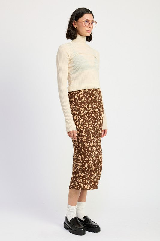 Daria Floral Midi Skirt high waist midi in dusty brown floral print, side angle.