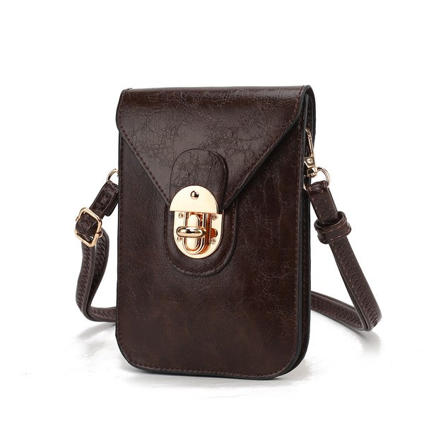 Coffee MKF Havana vegan leather phone crossbody bag.