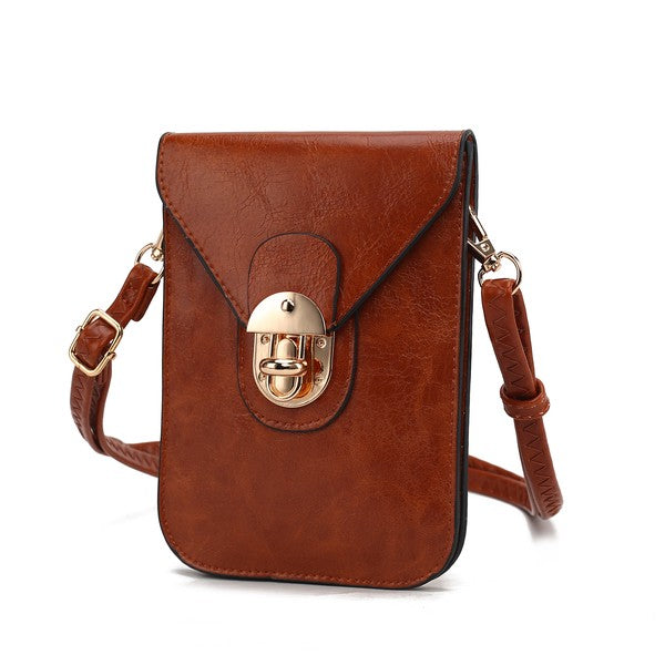 Cognac MKF Havana vegan leather phone crossbody bag.
