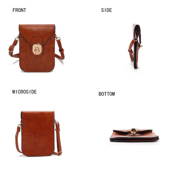 MKF Havana crossbody bag shown from front, side, bottom, and back angles to highlight shape and structure.