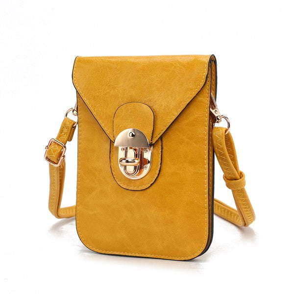 Mustard MKF Havana vegan leather phone crossbody bag.