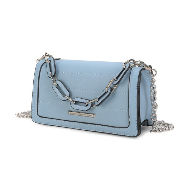 Denim MKF Dora Crossbody Bag with silver-tone hardware and magnetic snap closure.
