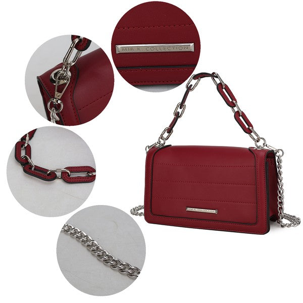 Collage of close-up shots of silver-tone hardware details from MKF Dora Crossbody Bags.