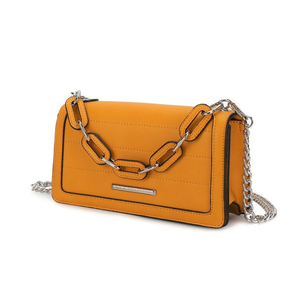 Yellow MKF Dora Crossbody Bag with silver-tone hardware and removable strap.