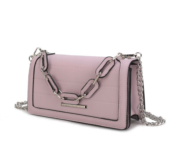 Lavender MKF Dora Crossbody Bag with silver-tone hardware and structured design.