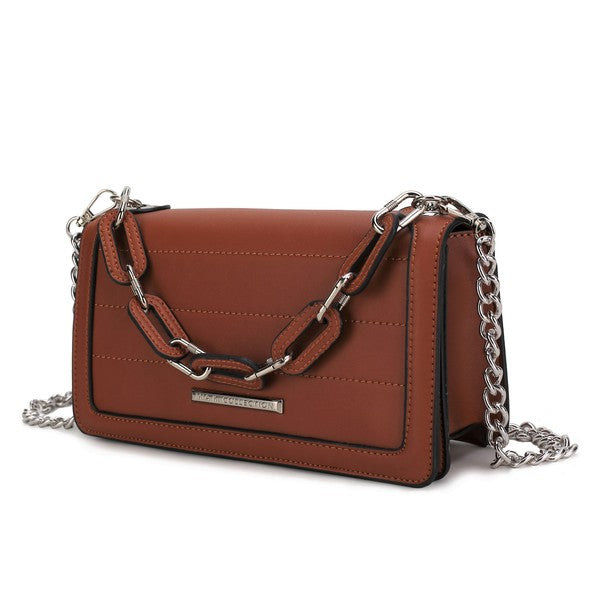 Cognac MKF Dora Crossbody Bag with silver-tone hardware and top handle.