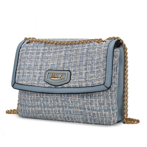 Light Blue Mackenzie Tweed Shoulder Bag with gold-tone hardware and tweed fabric.