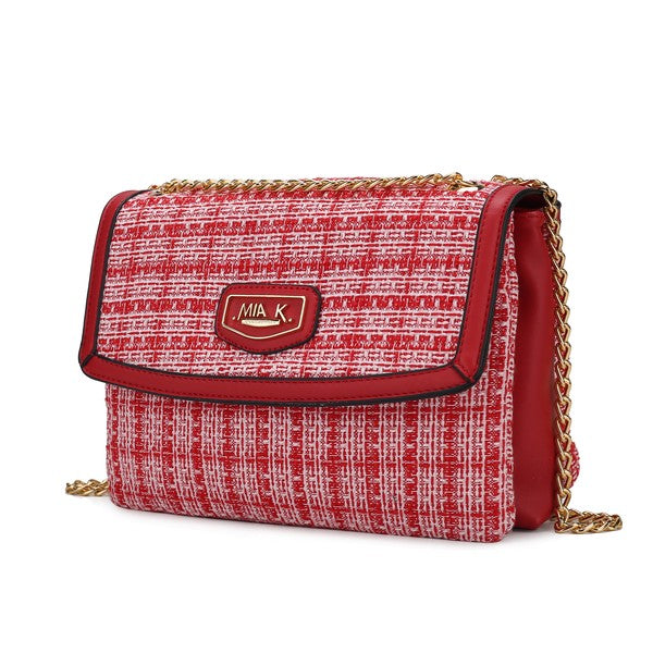 Red Mackenzie Tweed Shoulder Bag with gold-tone chain strap and tweed texture.