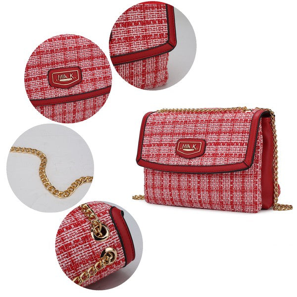 Collage showing close-ups of gold-tone hardware on Mackenzie Tweed Shoulder Bags.