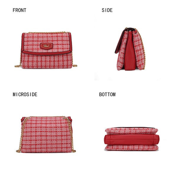 Collage of Mackenzie Tweed Shoulder Bag front, side, back, and bottom views.