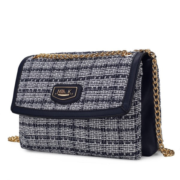 Navy Mackenzie Tweed Shoulder Bag with gold-tone hardware and magnetic flap.