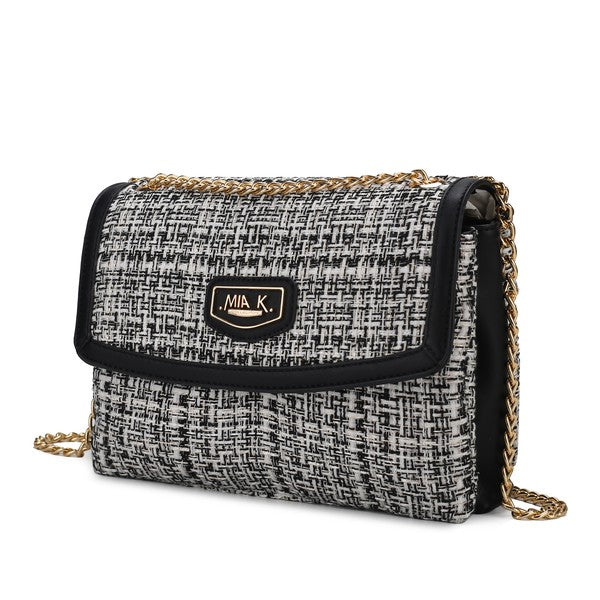Black Mackenzie Tweed Shoulder Bag with gold-tone chain strap and tweed texture.
