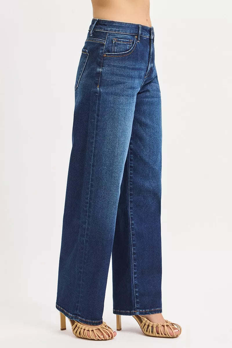 Badu Mid Rise Wide Baggy Jeans Dark Wash side angle showing wide silhouette.