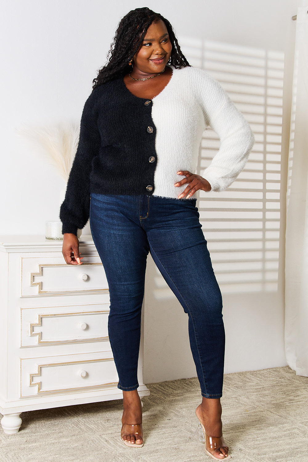 Plus size full body view of Nevis Contrast Cardigan styled with jeans, showing versatile layering style.