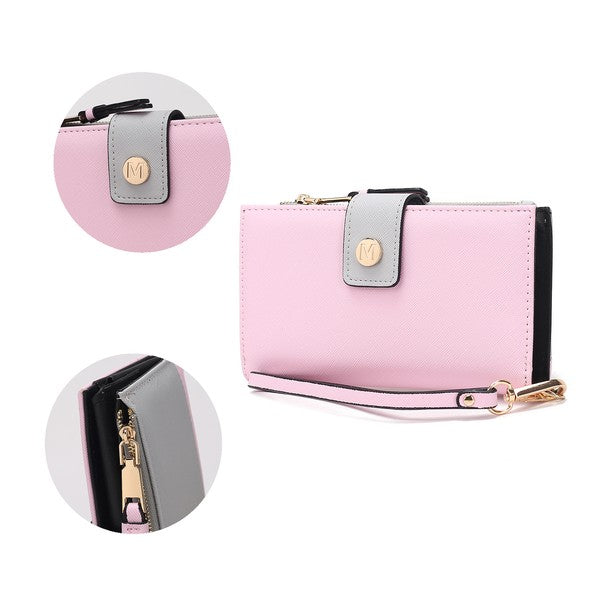 Pink Solene vegan leather wristlet wallet by Mia K with close-up views of zipper and snap closure details.
