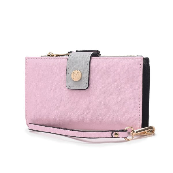 Pink Solene vegan leather wristlet wallet by Mia K with gold-tone details and multiple compartments.