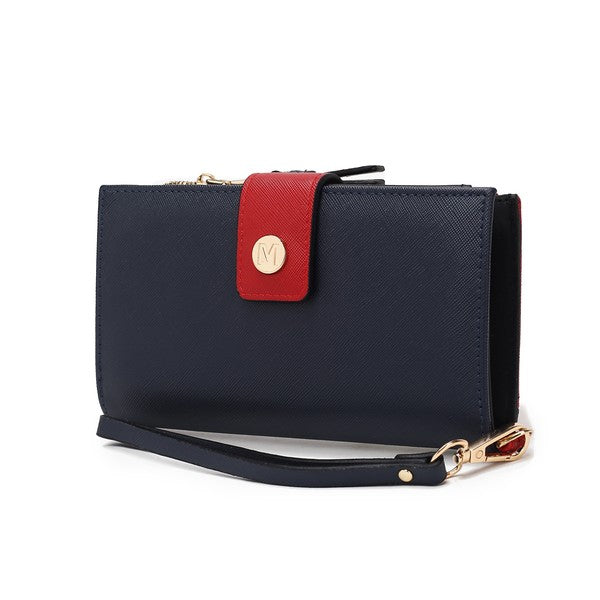 MKF Collection navy Solene wallet with saffiano vegan leather, wristlet handle, and card slots.