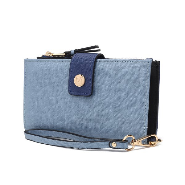 Denim blue Solene vegan leather wristlet wallet by Mia K with gold hardware and ample card storage.