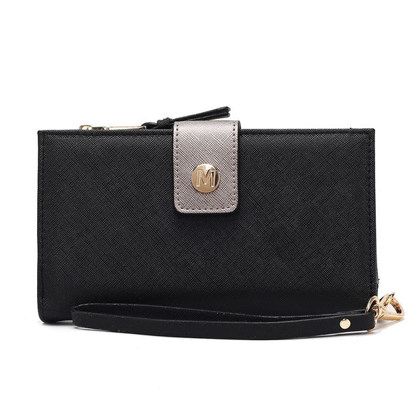 Black Solene vegan leather wristlet wallet by Mia K with gold-tone hardware and multiple compartments.