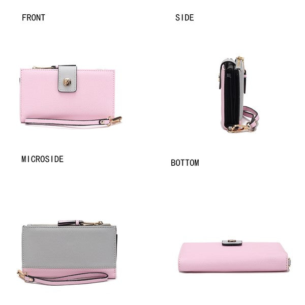 MKF Collection Solene wristlet wallet in pink showing front, side, back, and bottom views with gold-tone hardware.