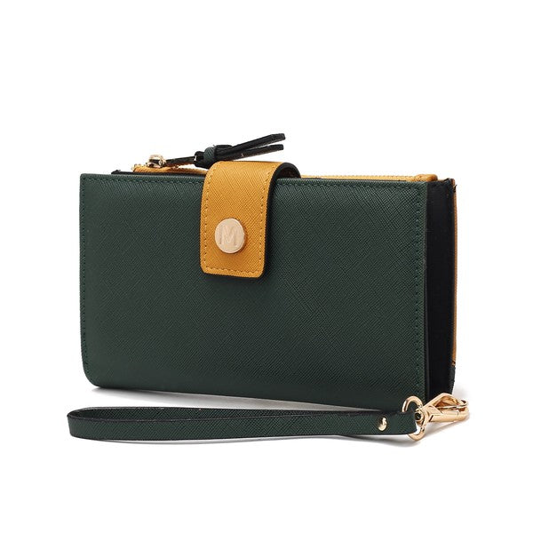 Olive green Solene vegan leather wristlet wallet by Mia K with gold hardware and organized storage.