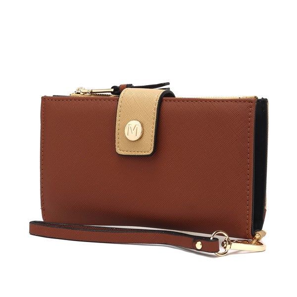 Coffee brown Solene vegan leather wristlet wallet by Mia K with gold-tone accents and organized interior.