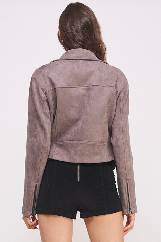 Back view of Jelena Curvy Plus Suede Moto Jacket in gray showing structured back panels.