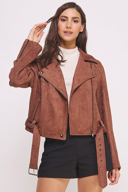 Chocolate belted long sleeve zippered suede moto jacket with front zippers, snap details, and two zipper pockets.