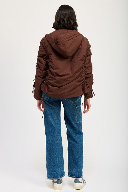 Candes Ruched Puff Jacket in brown back view with hood