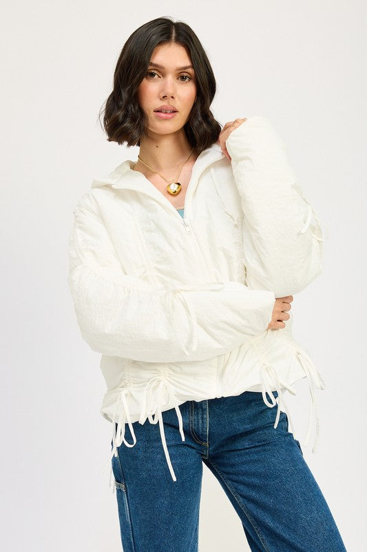 Ivory Candes Ruched Puff Jacket front view with zip closure