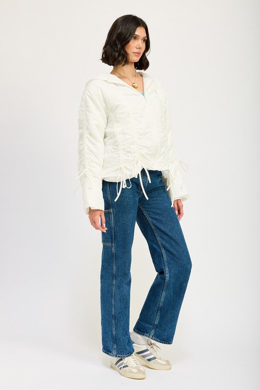 Side view of ivory Candes Ruched Puff Jacket showing ruched details