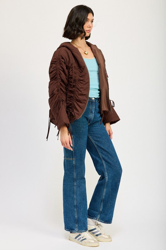 Candes Ruched Puff Jacket brown side view showing ruched sleeve