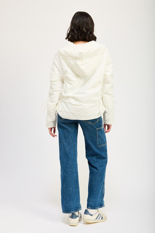 Candes Ruched Puff Jacket in ivory back view with hood