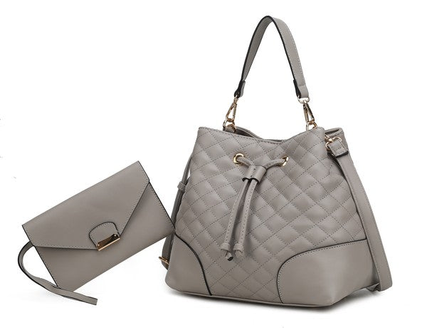 MKF Collection Wendy Bucket Hobo Bag in Gray with gold-tone hardware and drawstring tie.