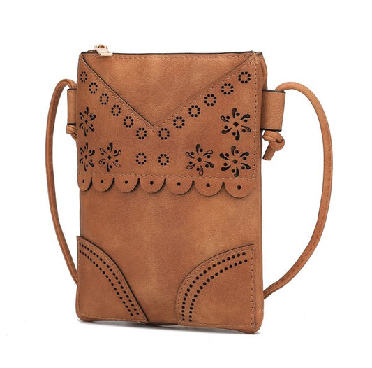 Beige Amentia Crossbody Bag with scalloped laser-cut design and boho floral cutouts.