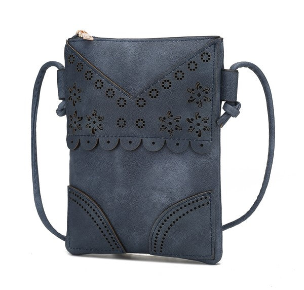 Navy Amentia Crossbody Bag with floral laser-cut pattern and structured shape.