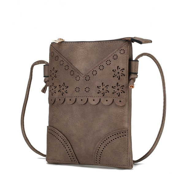 Taupe Amentia Crossbody Bag with laser-cut floral accents and slim modern silhouette.