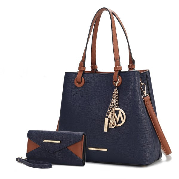Navy Kearny tote with matching wallet, gold-tone details, vegan leather.