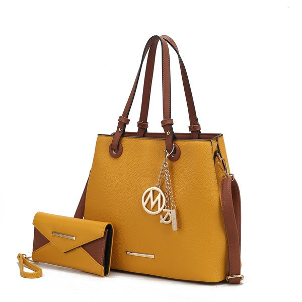 Yellow Kearny tote and wallet, vegan leather, gold-tone hardware.