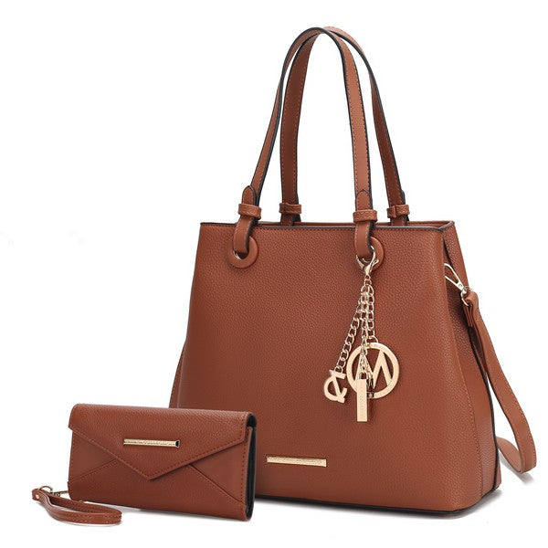 Cognac Kearny tote and wallet set, gold-tone details, vegan leather.