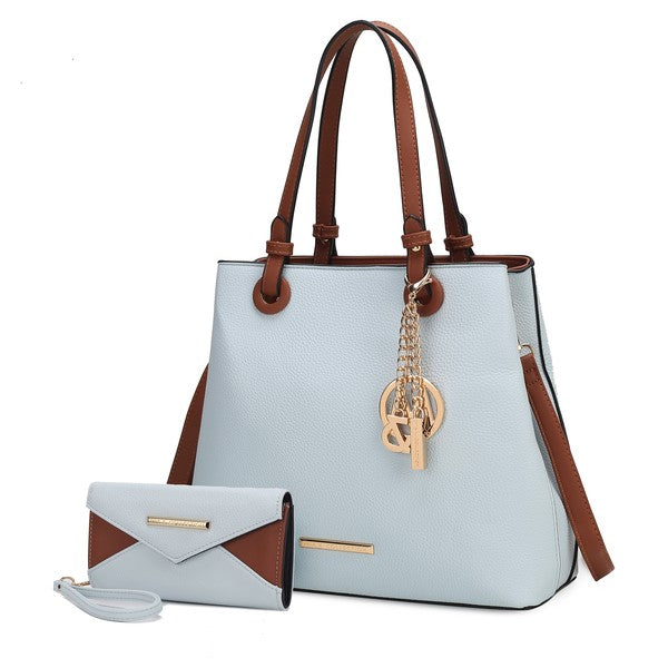 Light blue Kearny tote with matching wallet, vegan leather, gold-tone.